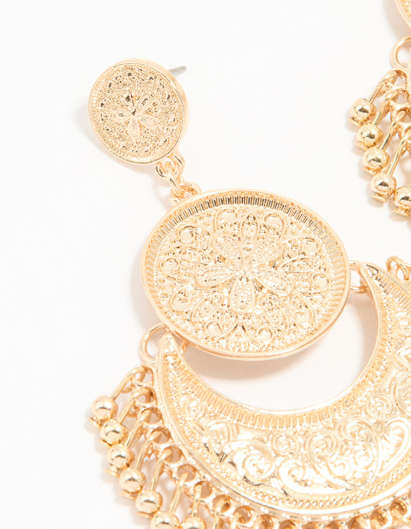 Gold Boho Etched Flower Drop Earrings