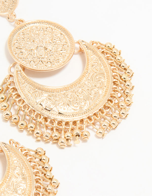 Gold Boho Etched Flower Drop Earrings