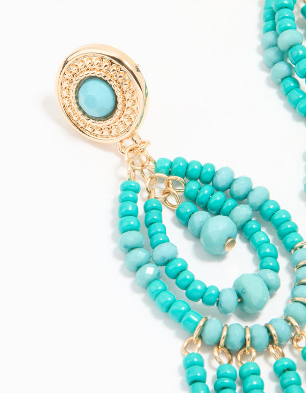 Gold Blue Beaded Teardrop Drop Earrings