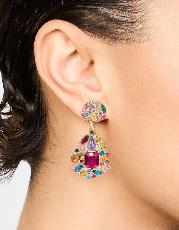 Gold Multicoloured Diamante Teardrop Drop Earrings