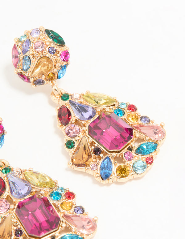 Gold Multicoloured Diamante Teardrop Drop Earrings
