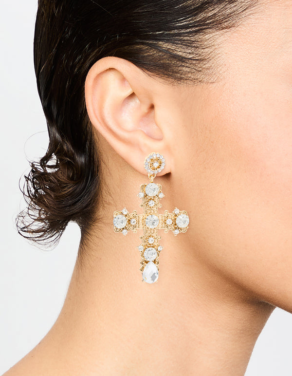 Antique Gold Diamante Statement Cross Drop Earrings