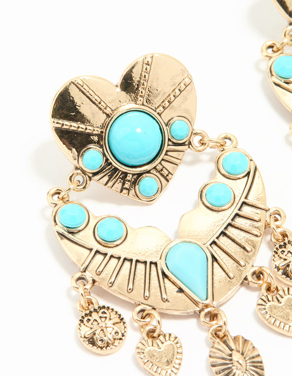 Antique Gold Turquoise Heart Drop Earrings