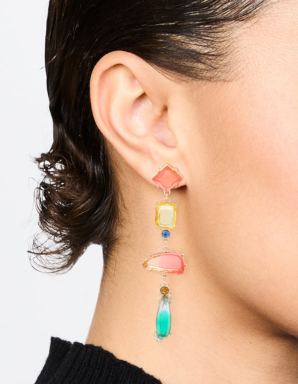 Gold Multicoloured Diamante Mismatched Drop Earrings