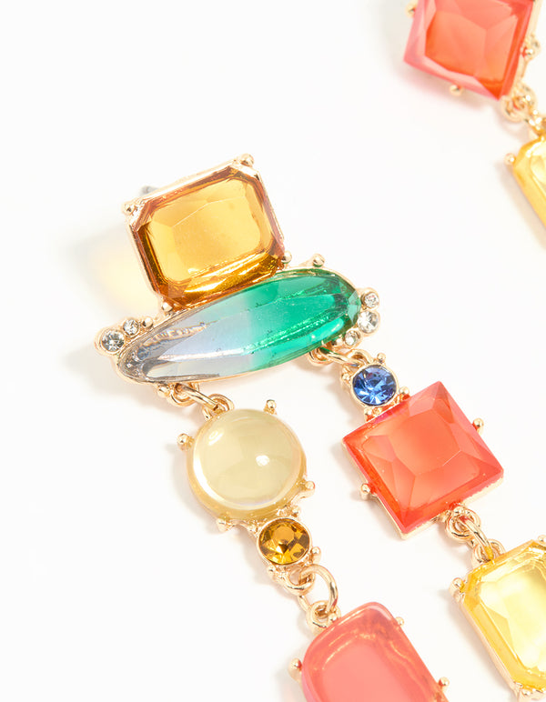 Gold Multicoloured Diamante Mismatched Drop Earrings