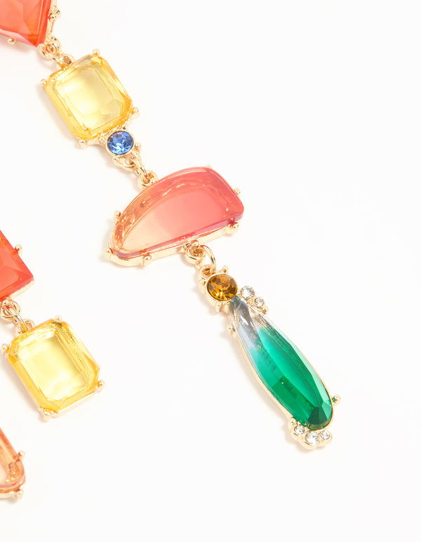 Gold Multicoloured Diamante Mismatched Drop Earrings