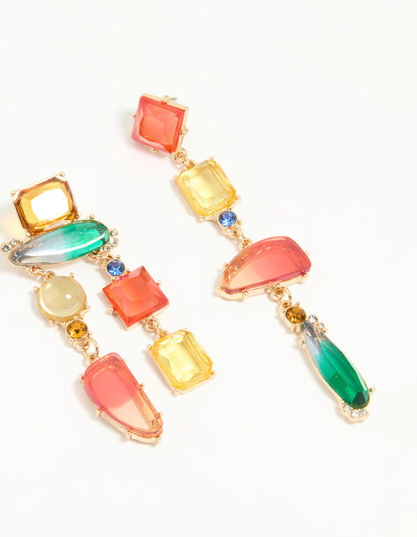 Gold Multicoloured Diamante Mismatched Drop Earrings