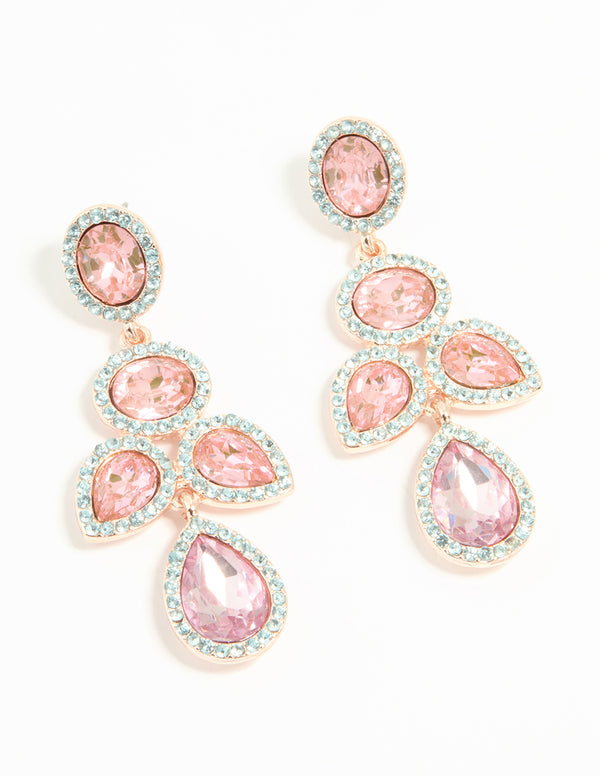 Rose Gold Pink Diamante Opulent Drop Earrings