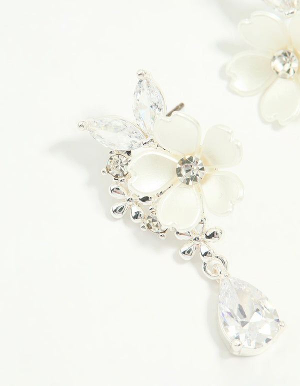 Silver Plated Cubic Zirconia Flower Drop Earrings