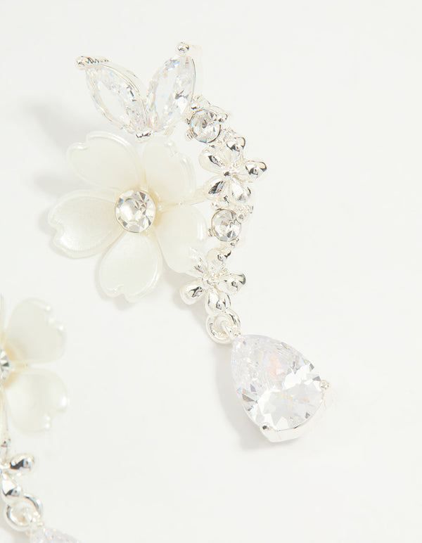 Silver Plated Cubic Zirconia Flower Drop Earrings