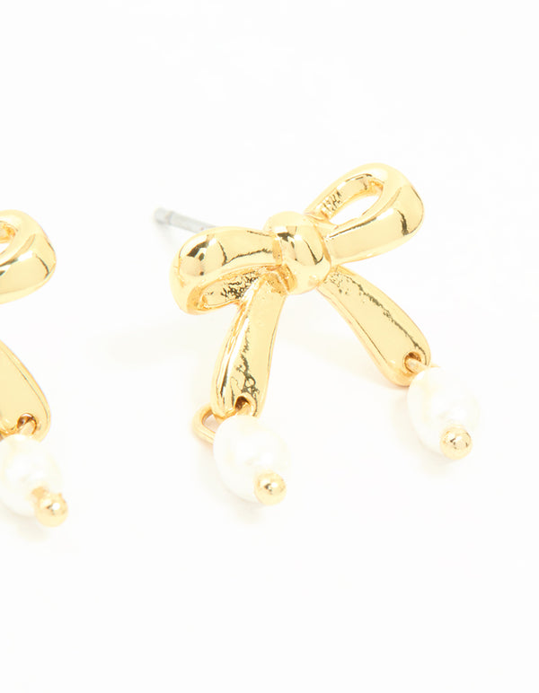 Gold Plated Pearl Bow Stud Earrings
