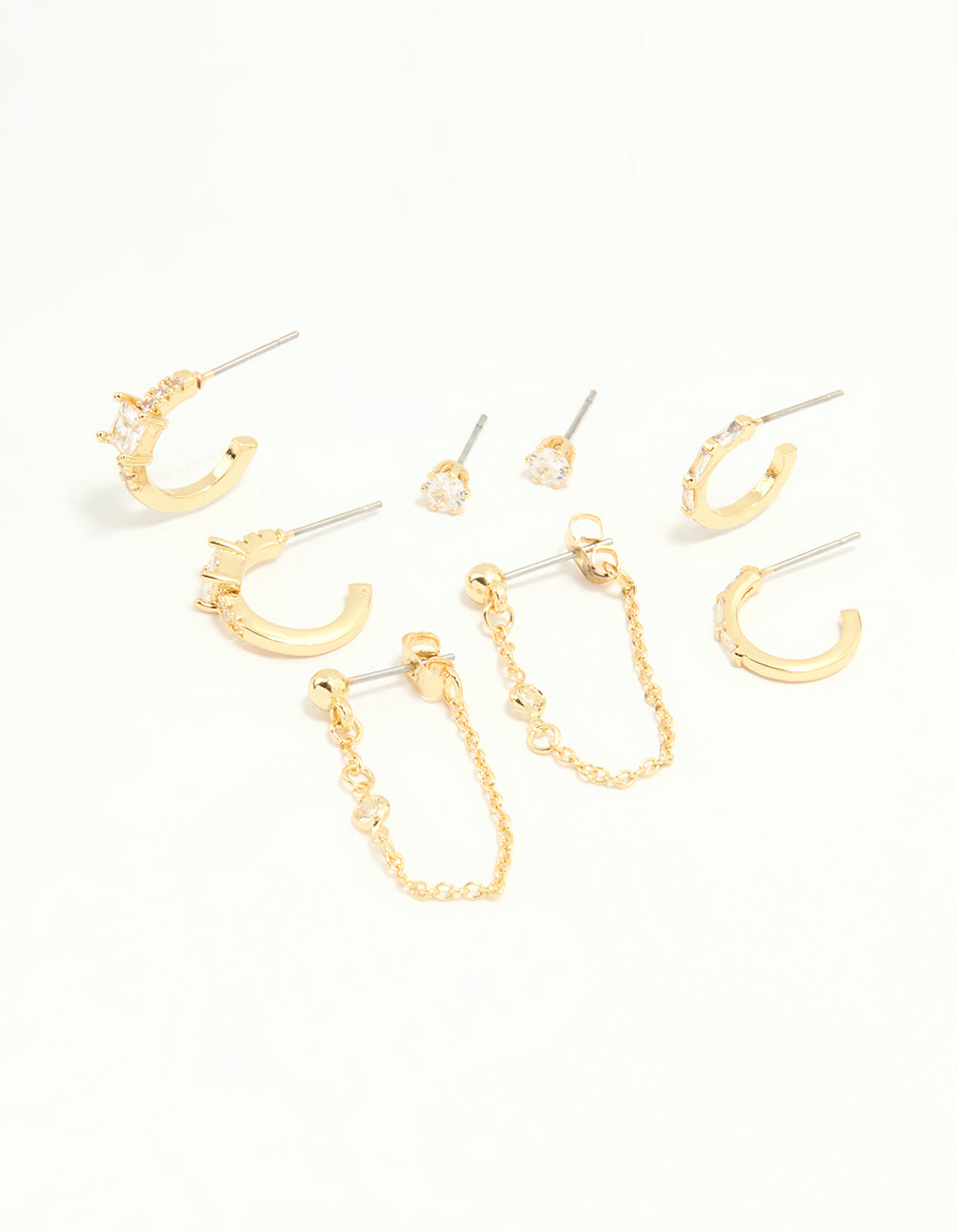 Gold Plated Cubic Zirconia Baguette Hoop & Chain Earrings 4-Pack