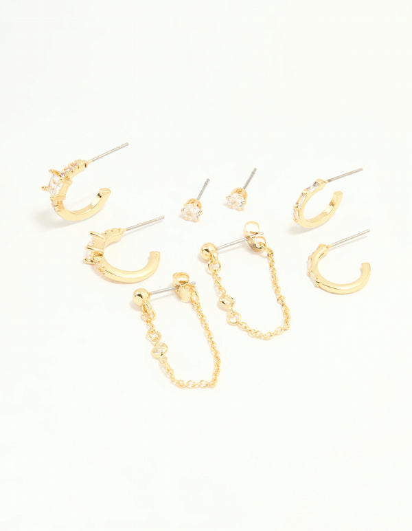 Gold Plated Cubic Zirconia Baguette Hoop & Chain Earrings 4-Pack
