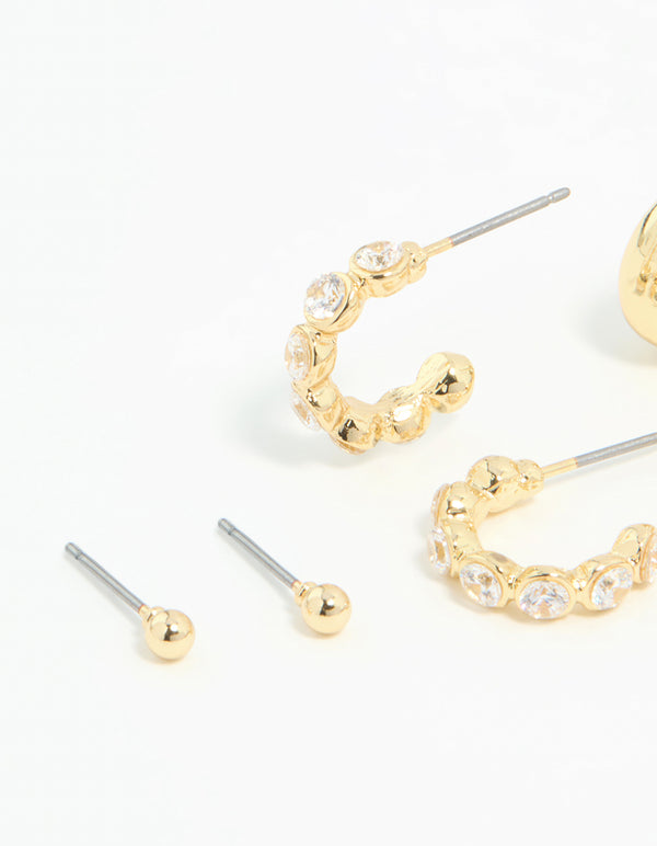 Gold Plated Cubic Zirconia Bezel Set Hoop & Stud Earrings 4-Pack