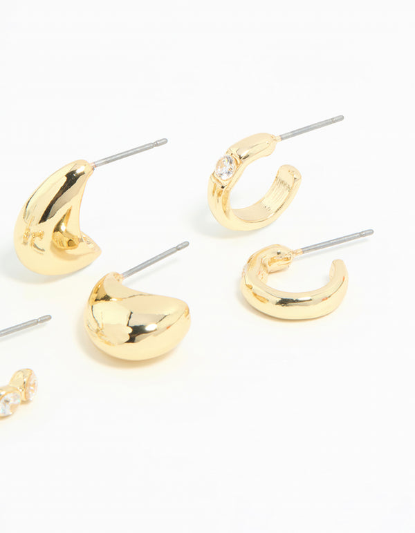 Gold Plated Cubic Zirconia Bezel Set Hoop & Stud Earrings 4-Pack