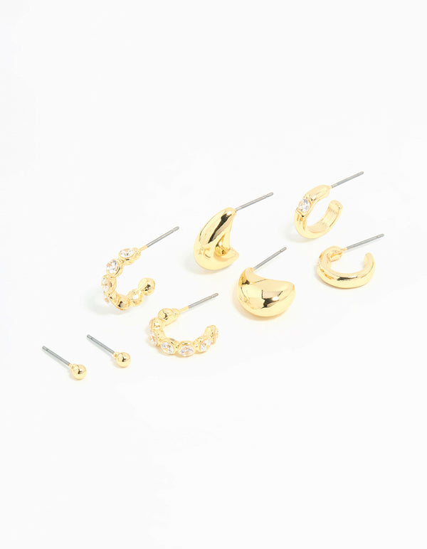 Gold Plated Cubic Zirconia Bezel Set Hoop & Stud Earrings 4-Pack