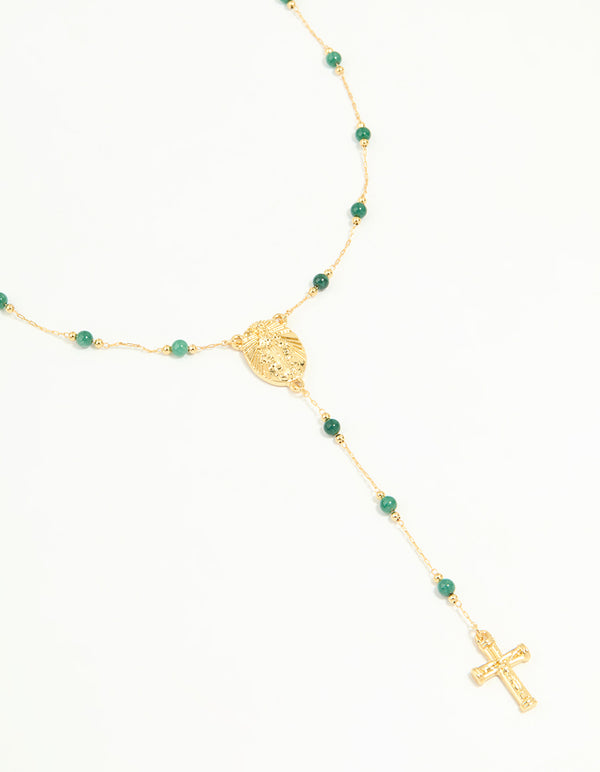 Gold Plated Green Semi Precious Stone Cross Y-Necklace