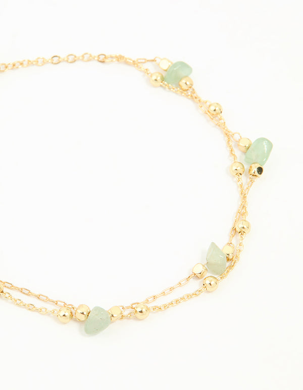 Gold Plated Green Semi Precious Stone Layered Toggle Bracelet