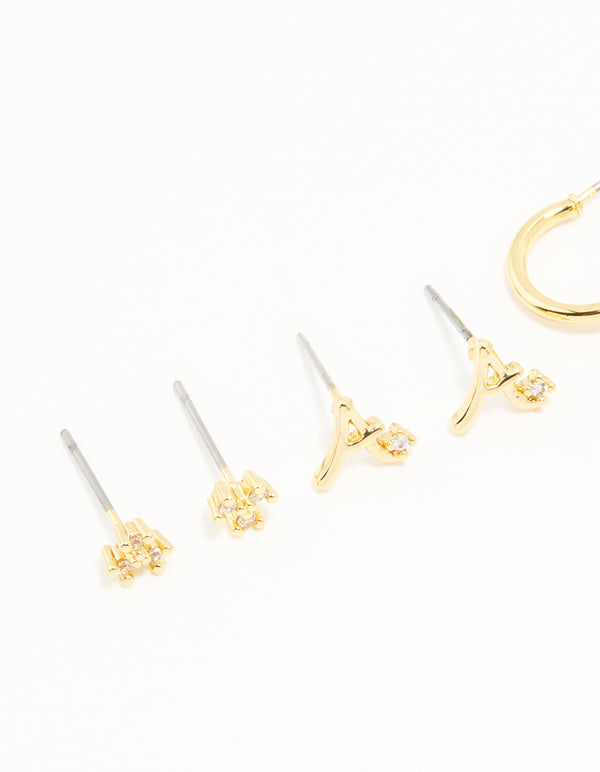 Gold Plated Cubic Zirconia Letter A Dainty Flower Earrings 4-Pack
