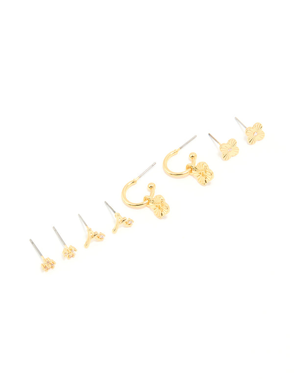 Gold Plated Cubic Zirconia Letter A Dainty Flower Earrings 4-Pack