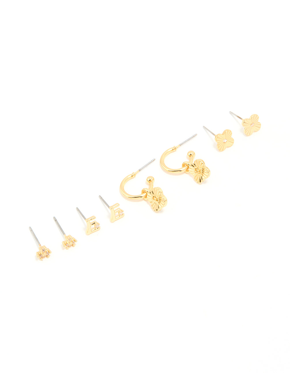 Gold Plated Cubic Zirconia Letter E Dainty Flower Earrings 4-Pack