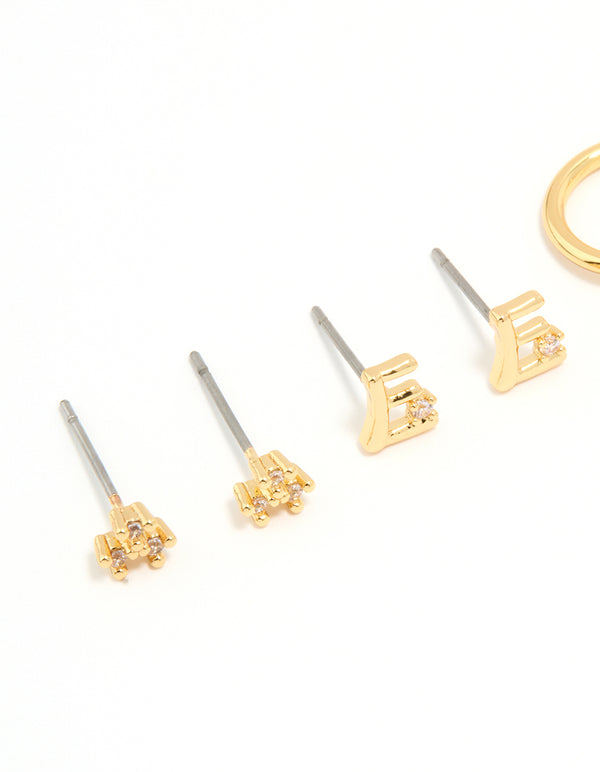 Gold Plated Cubic Zirconia Letter E Dainty Flower Earrings 4-Pack