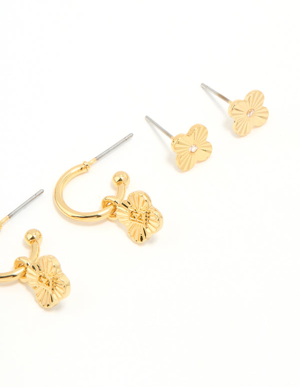 Gold Plated Cubic Zirconia Letter E Dainty Flower Earrings 4-Pack