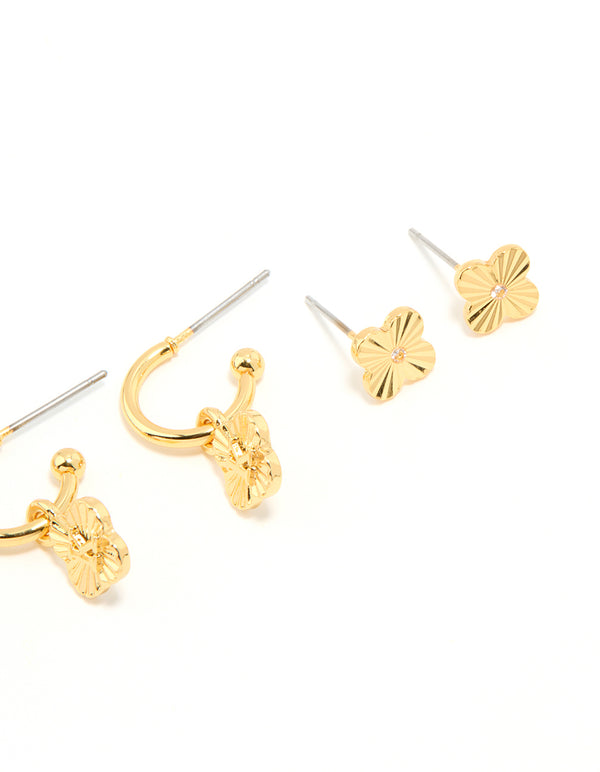 Gold Plated Cubic Zirconia Letter K & Dainty Flower Earrings 4-Pack