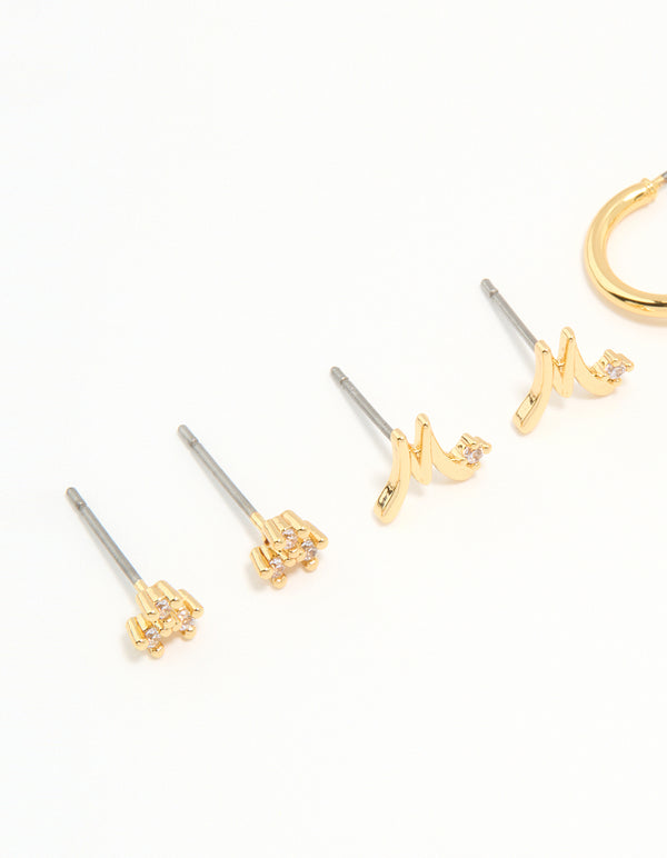 Gold Plated Cubic Zirconia Letter M Dainty Flower Earrings Pack