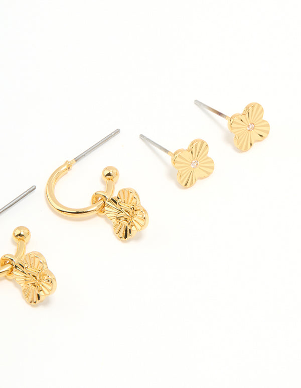 Gold Plated Cubic Zirconia Letter M Dainty Flower Earrings Pack