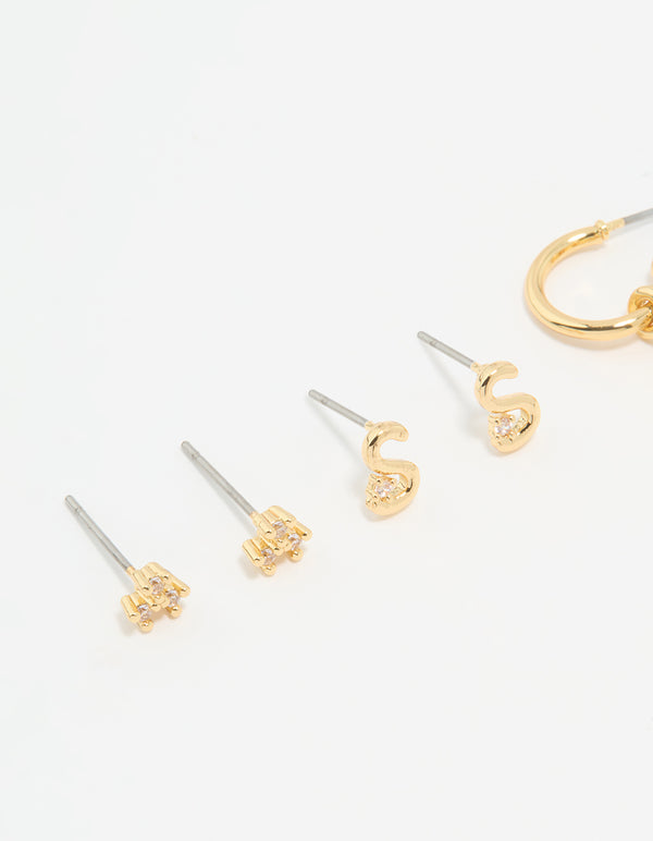 Gold Plated Cubic Zirconia Letter S & Flower Earrings 4-Pack