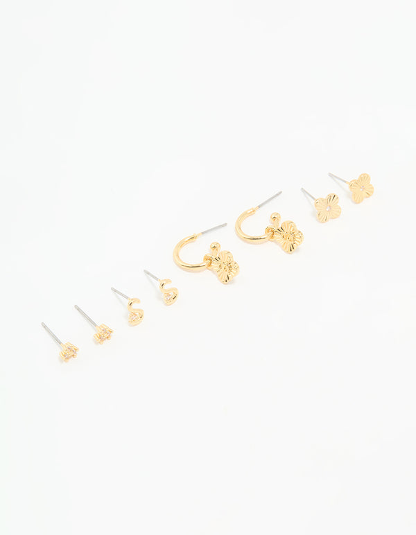 Gold Plated Cubic Zirconia Letter S & Flower Earrings 4-Pack