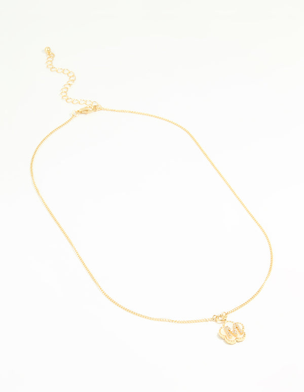 Elegant gold plated genuine shell letter M flower petal necklace with floral initials cubic zirconia pendant front view