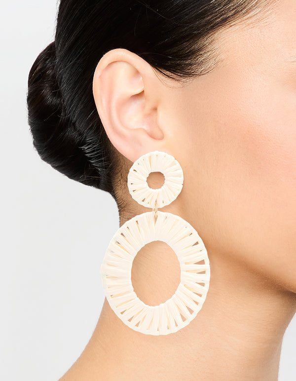 Cream Raffia Fabric Double Disc Drop Earrings