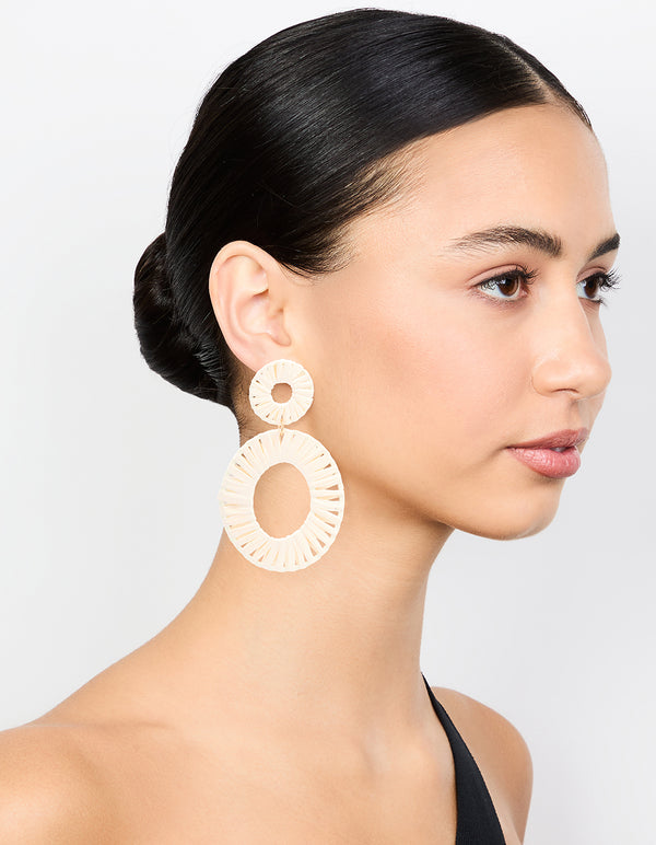 Cream Raffia Fabric Double Disc Drop Earrings