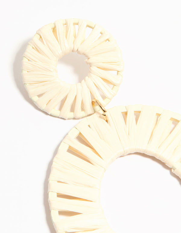 Cream Raffia Fabric Double Disc Drop Earrings