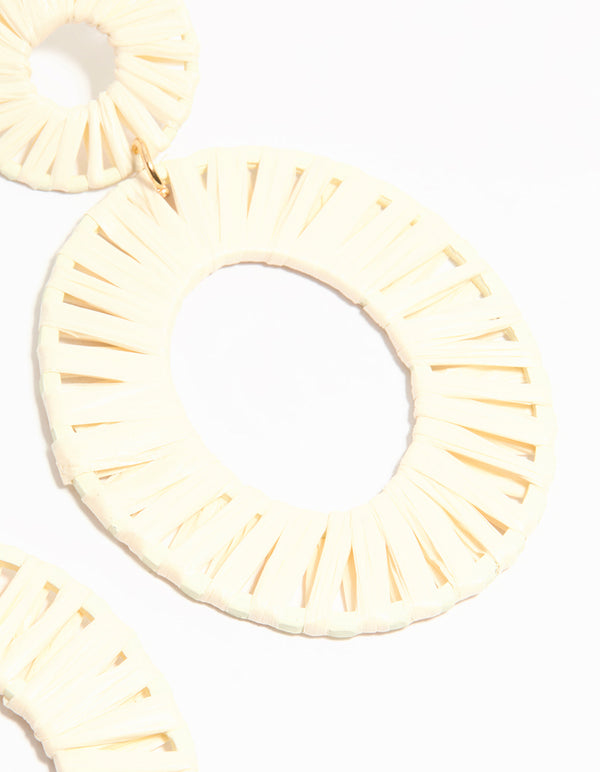 Cream Raffia Fabric Double Disc Drop Earrings