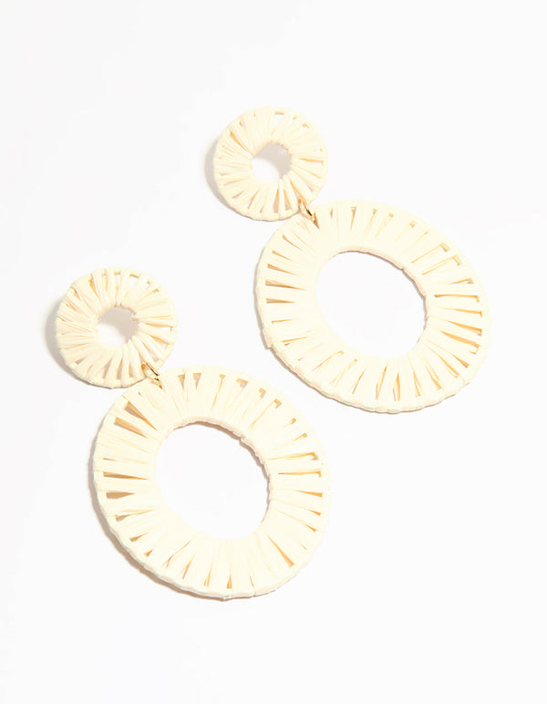 Cream Raffia Fabric Double Disc Drop Earrings