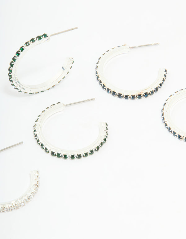 Silver Emerald Diamante Pavé Hoop Earrings 3-Pack