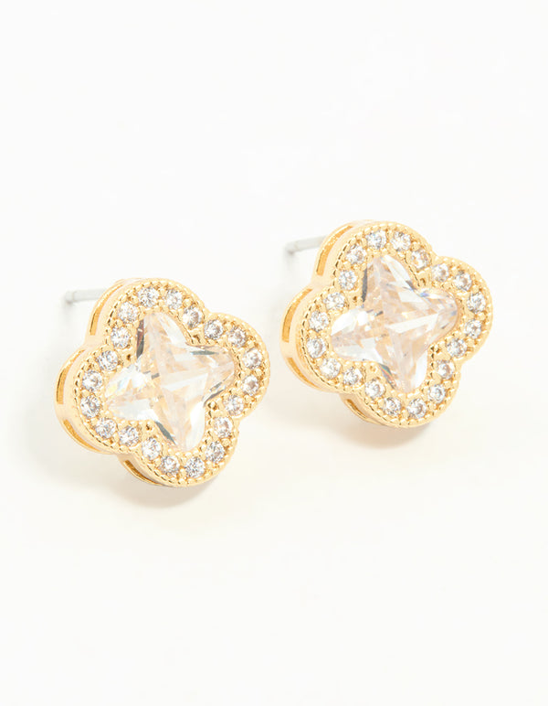 Gold Plated Cubic Zirconia Flower Stud Earrings