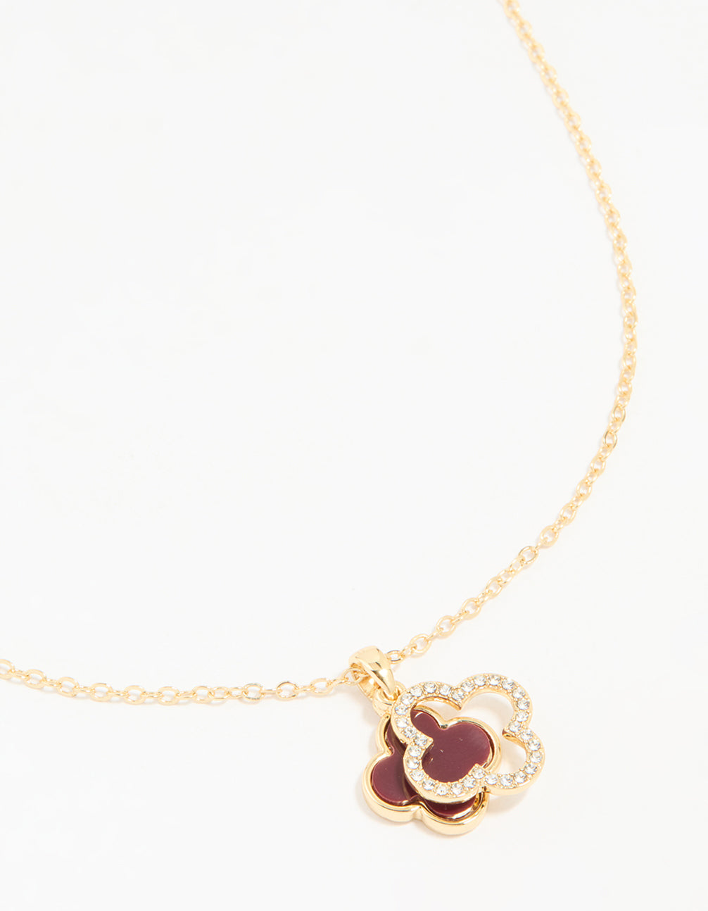 Gold Plated Diamante & Burgundy Flower Pendant Necklace