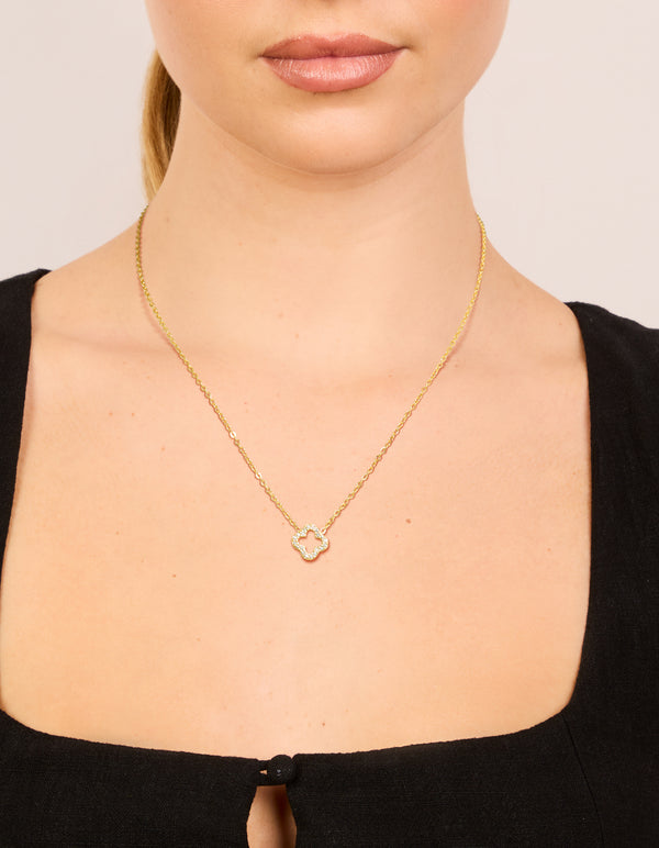Waterproof Gold Plated Stainless Steel Diamante Flower Outline Necklace