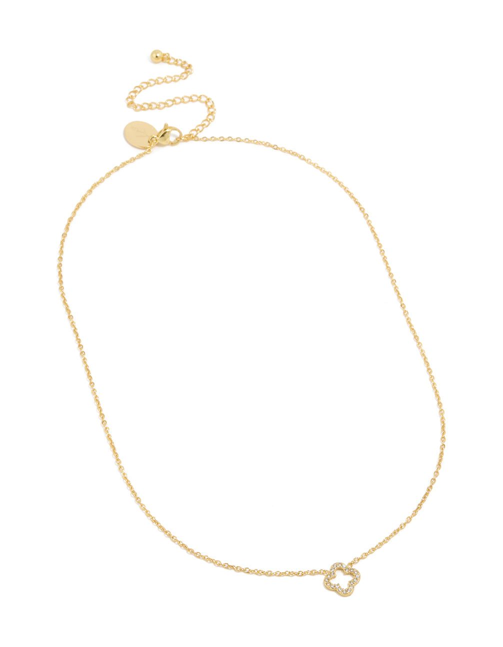 Presenting a waterproof diamante flower outline necklace, crafted from gold plated stainless steel and featuring a pendant, in close up view