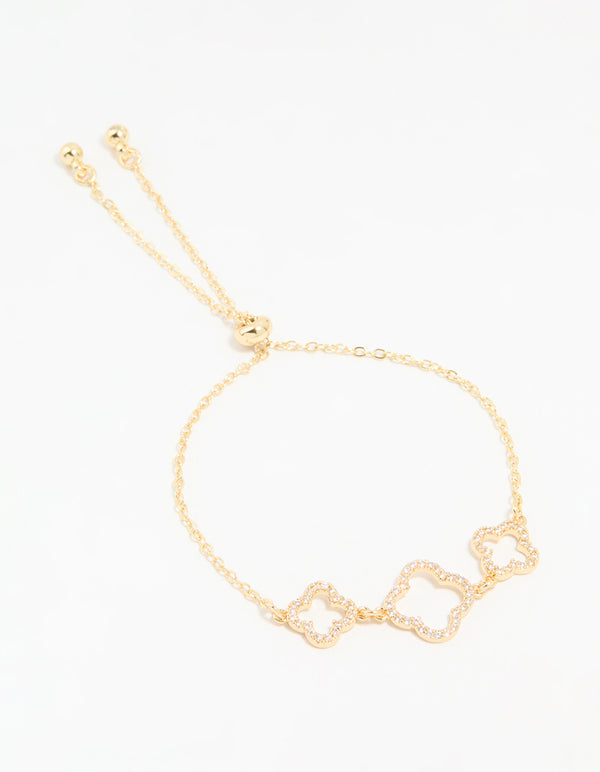 Gold Plated Cubic Zirconia Triple Flower Outline Toggle Bracelet