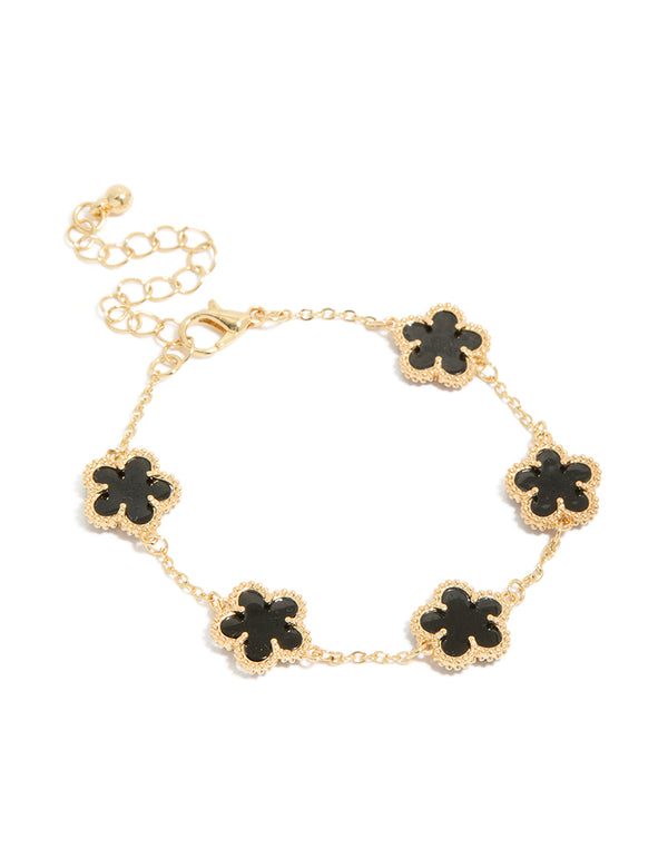 Beautifully crafted gold plated black flowers bracelet front view