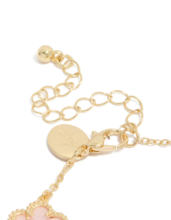 Designed with gold plated material, this pink flowers charm bracelet showcases and dainty style closure detail view