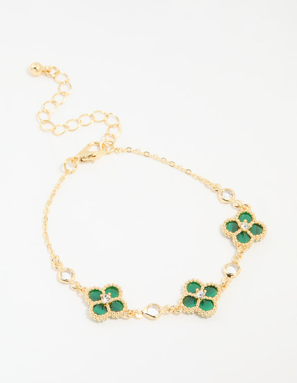 Gold Plated Cubic Zirconia Emerald Flower Bracelet