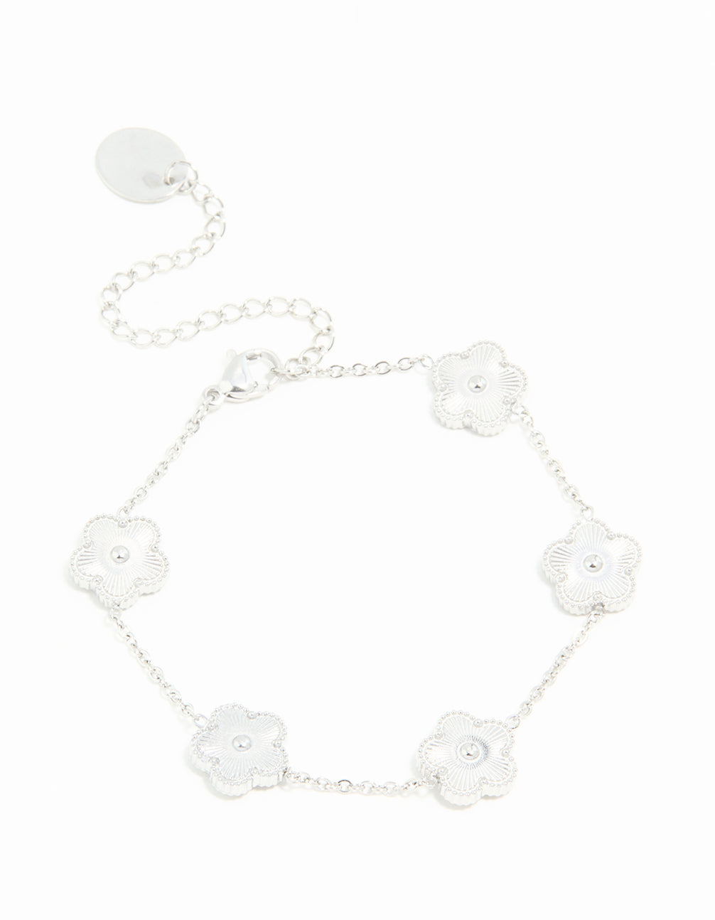 Showcasing a waterproof stainless steel flower petal charm bracelet in silver front view