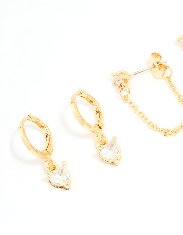 Gold Plated Brass Cubic Zirconia Heart & Chunky Huggie Earrings 4-Pack