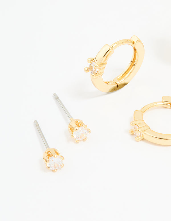 Gold Plated Brass Cubic Zirconia Huggie & Stud Earrings 4-Pack